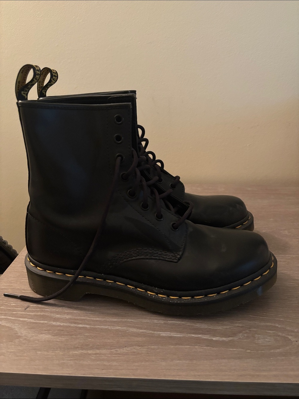 Black Lace-Up Doc Martins Combat Boots with Yellow Stitching